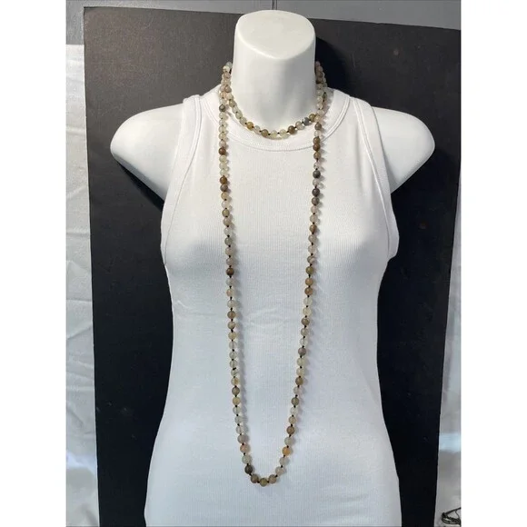 Hand Knotted Brown Cream Botswana Agate Necklace “Success Stone 60”